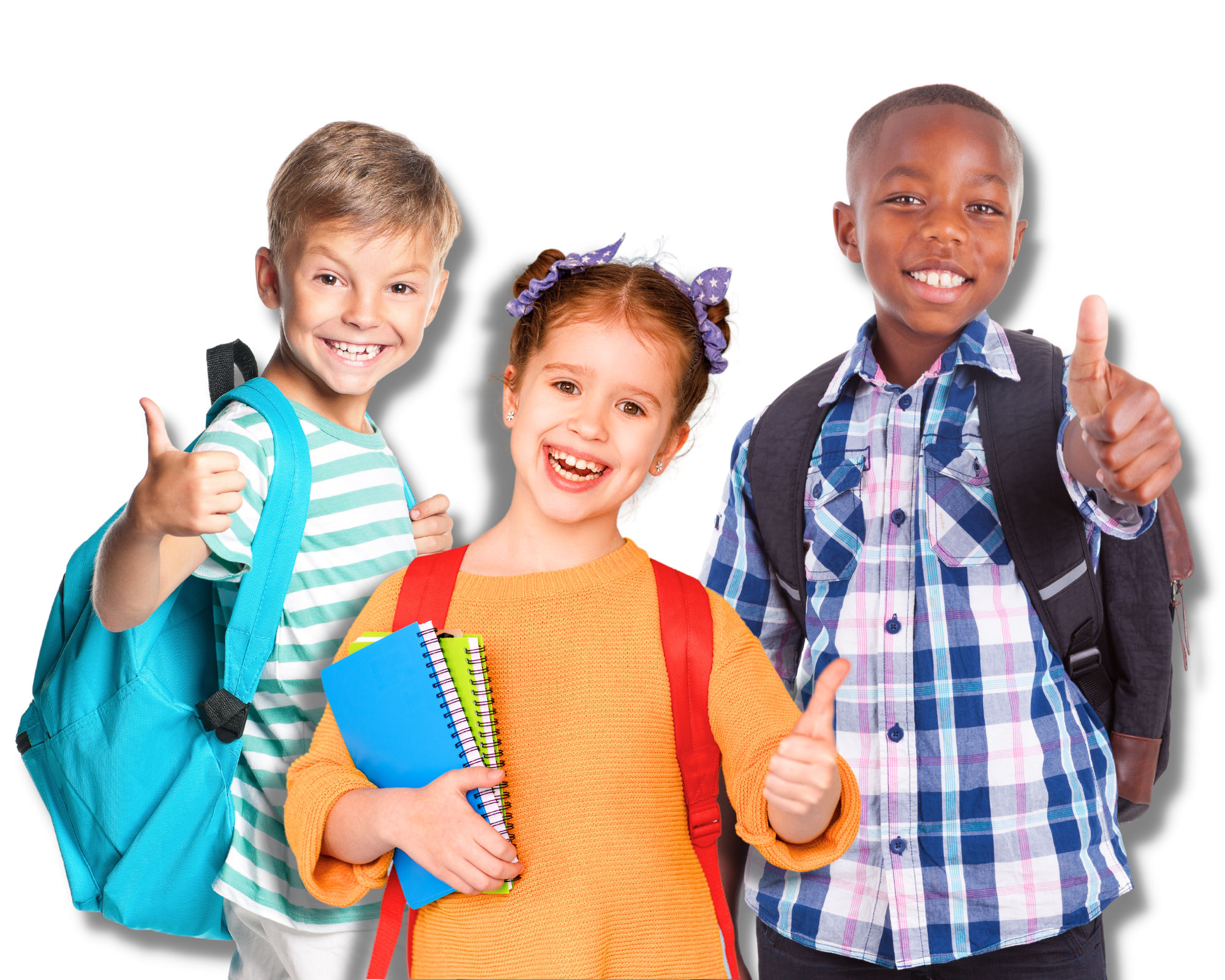 Three happy kids with backpacks giving a thumbs up